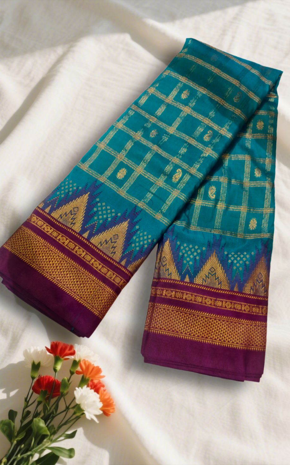 Checks Chaduranga Temple Cotton Silk Saree With Jari