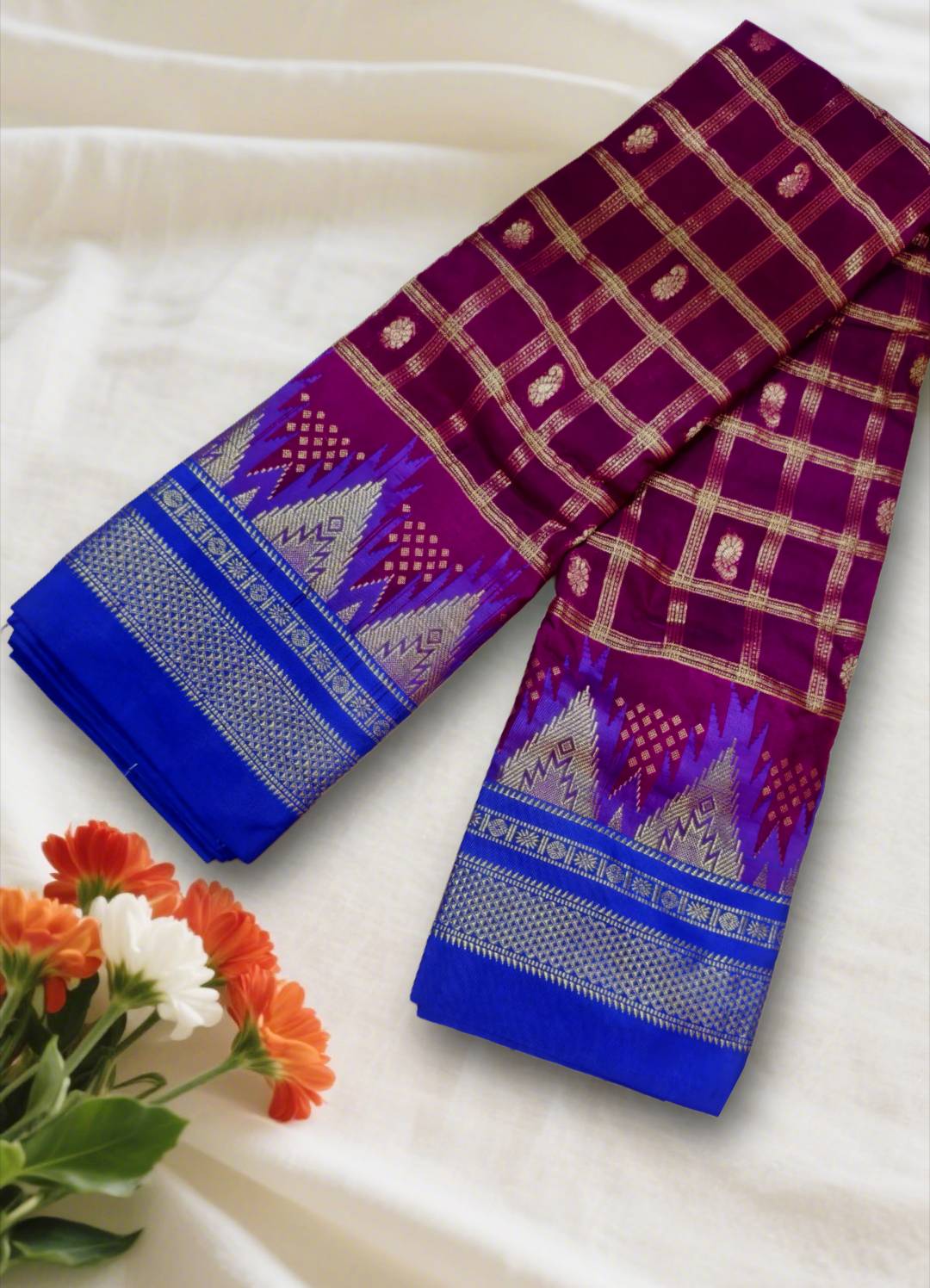 Checks Chaduranga Temple Cotton Silk Saree With Jari