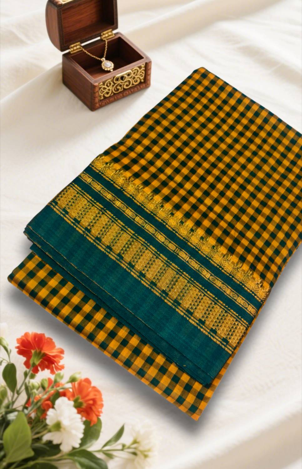 Orange Small Checks Ilkal Cotton Silk Saree with Chikki Paras Border – Ikatra