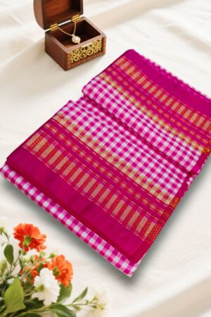 Pink Small Checks Ilkal Cotton Silk Saree with Chikki Paras Border – Ikatra