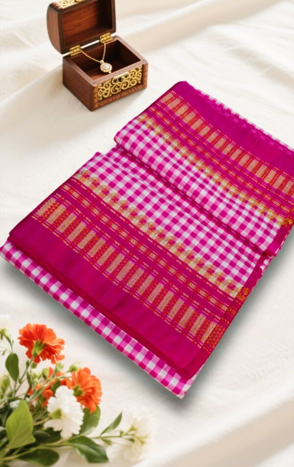 Pink Small Checks Ilkal Cotton Silk Saree with Chikki Paras Border – Ikatra