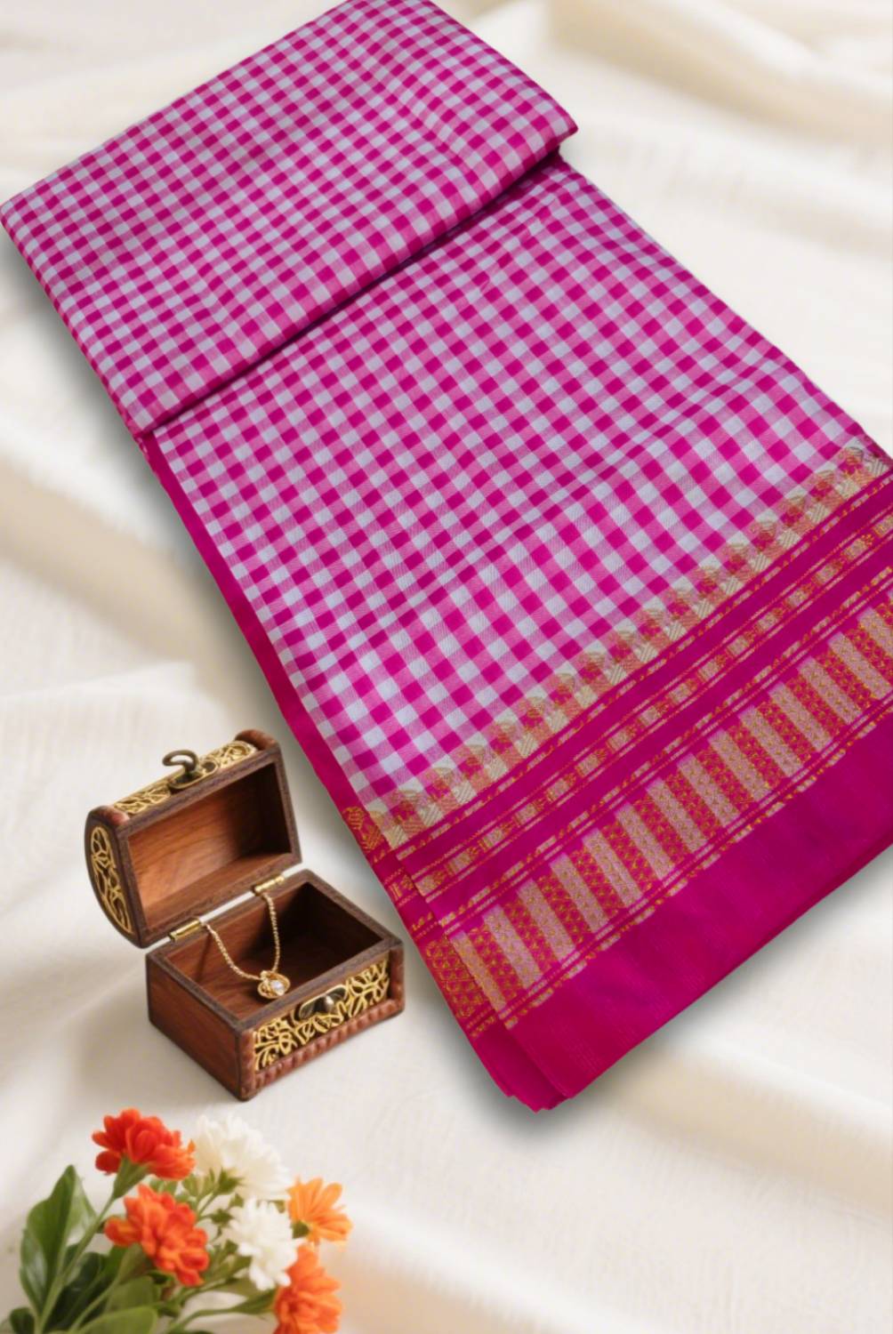 Pink Small Checks Ilkal Cotton Silk Saree with Chikki Paras Border – Ikatra