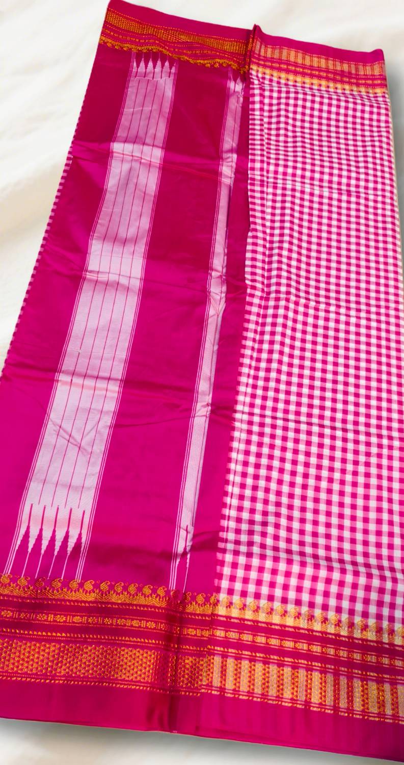 Pink Small Checks Ilkal Cotton Silk Saree with Chikki Paras Border – Ikatra