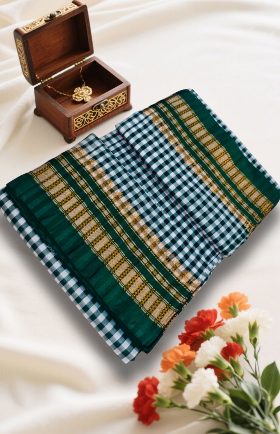 Green Small Checks Ilkal Cotton Silk Saree with Chikki Paras Border – Ikatra