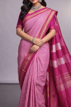 Pink And White Ilkal Small Checks Cotton Silk Saree With Tana Warp Catlon Pallu