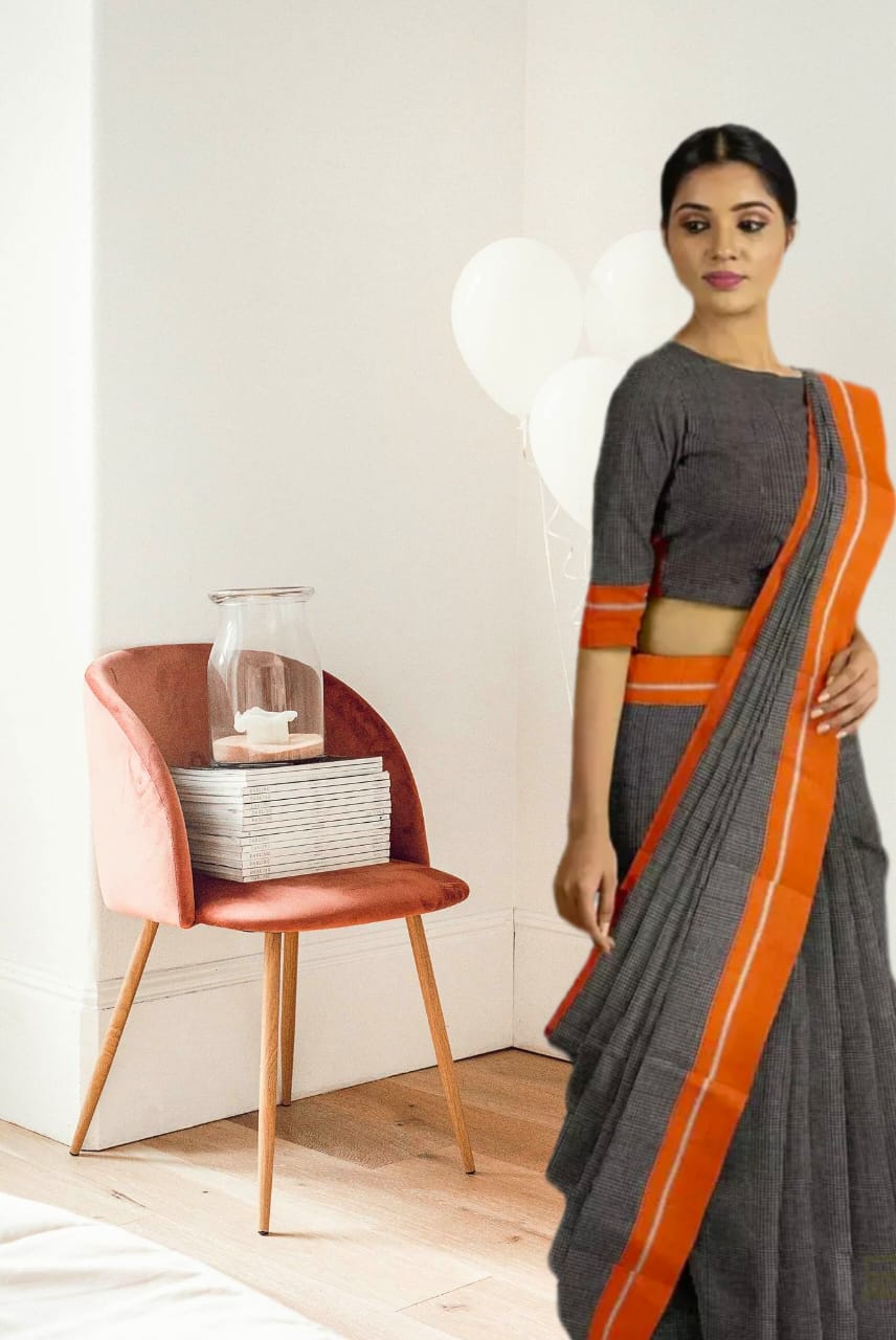 Black Orange Patteda Anchu Saree With Checks And Plain Border - Image 2