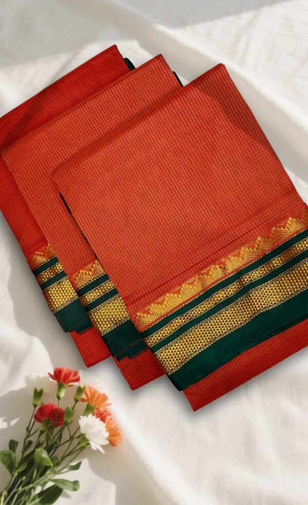 Orange Red Tana Kaddi Checks Ilkal Saree | ikatra