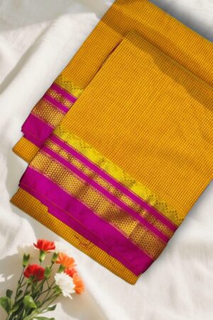 Mustard Yellow Tana Kaddi Checks Ilkal Saree | ikatra