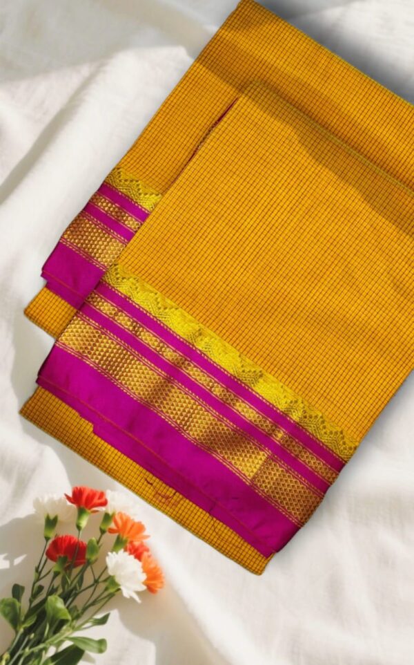 Mustard Yellow Tana Kaddi Checks Ilkal Saree | ikatra