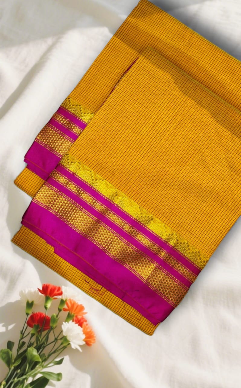 Mustard Yellow Tana Kaddi Checks Ilkal Saree | ikatra