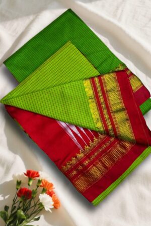 Green and Red Tana Kaddi Checks Ilkal Saree | ikatra