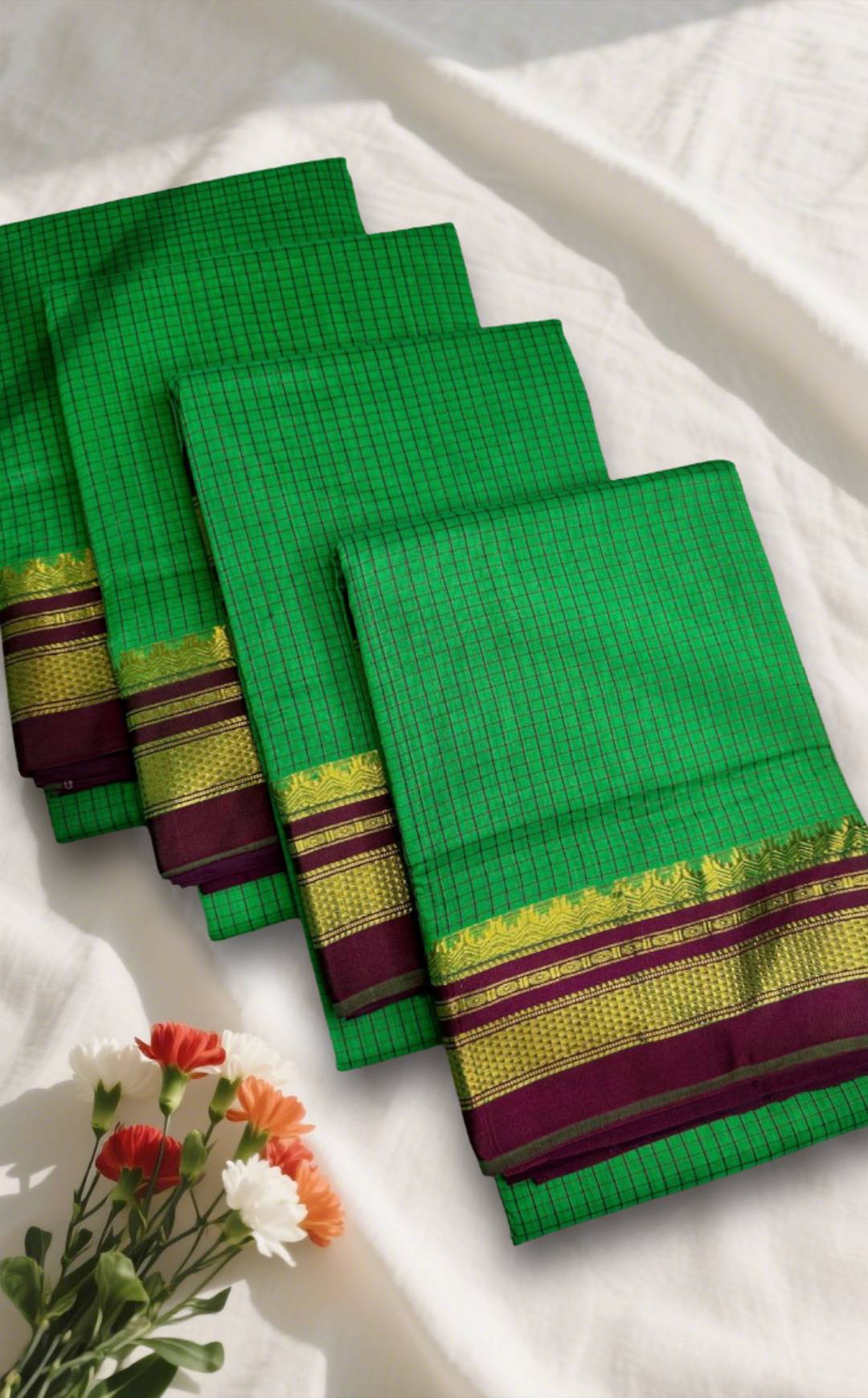 Green and Maroon Tana Kaddi Checks Ilkal Saree | ikatra
