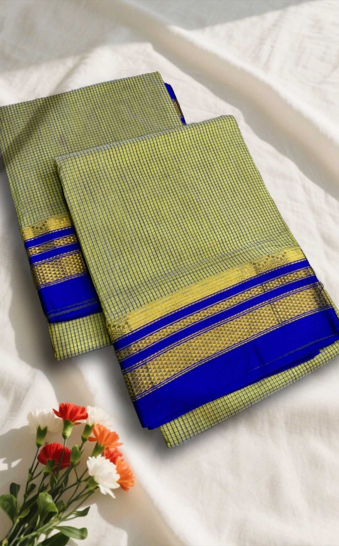 Lime green Tana Kaddi Checks Ilkal Saree | ikatra