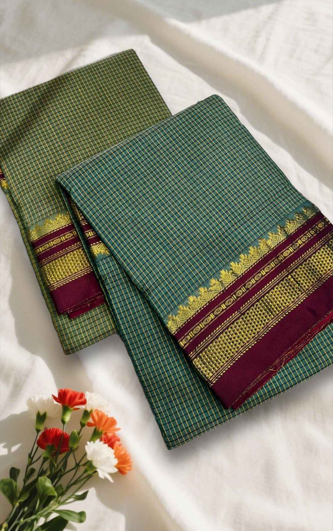 Pine green Kaddi Checks Ilkal Saree | ikatra