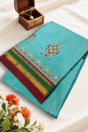 Aqua Blue Ilkal Kasuti Saree – Soft Silk Cotton with Chikki Paras Border & Patti Pallu