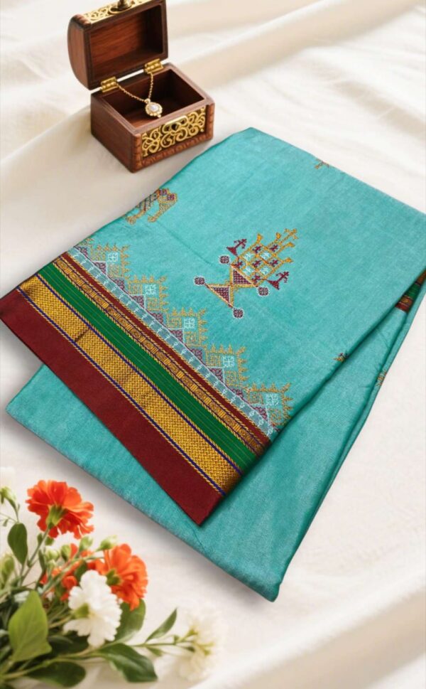 Aqua Blue Ilkal Kasuti Saree – Soft Silk Cotton with Chikki Paras Border & Patti Pallu
