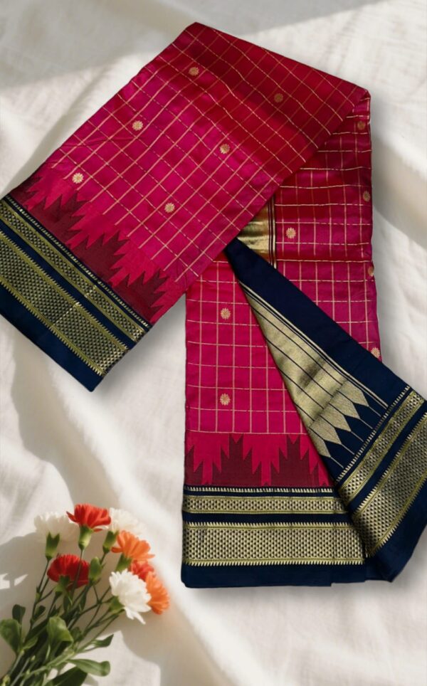 Pinkish Red Gadwal Jari Checks Butta Ilkal Silk Saree with Chikki Paras Border