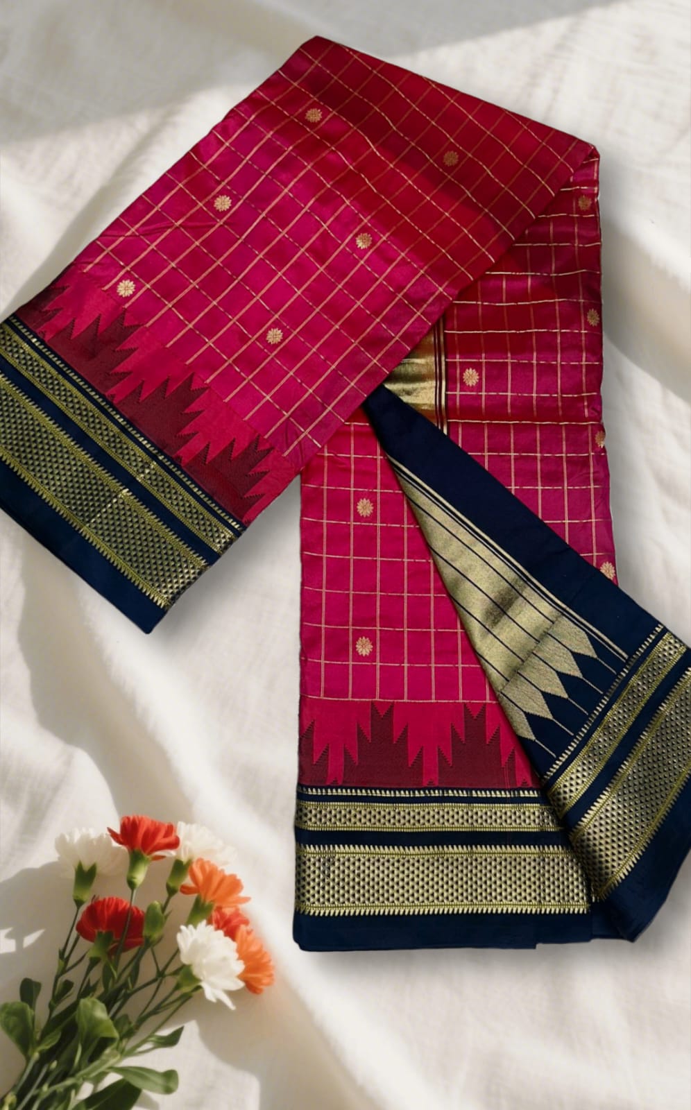 Red Gadwal Jari Checks Butta Ilkal Silk Saree with Chikki Paras Border