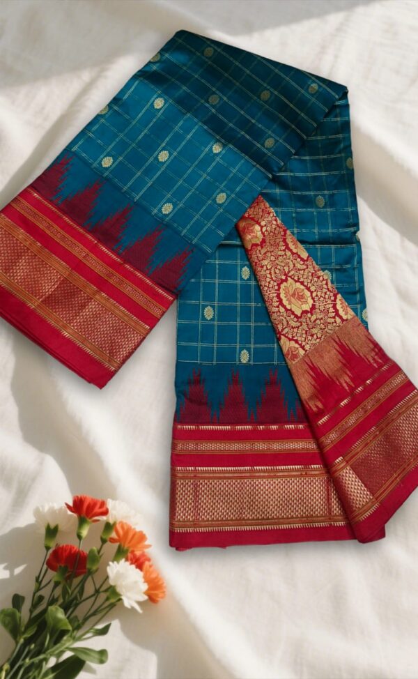 Peacock Blue Gadwal Jari Checks Butta Ilkal Silk Saree with Chikki Paras Border