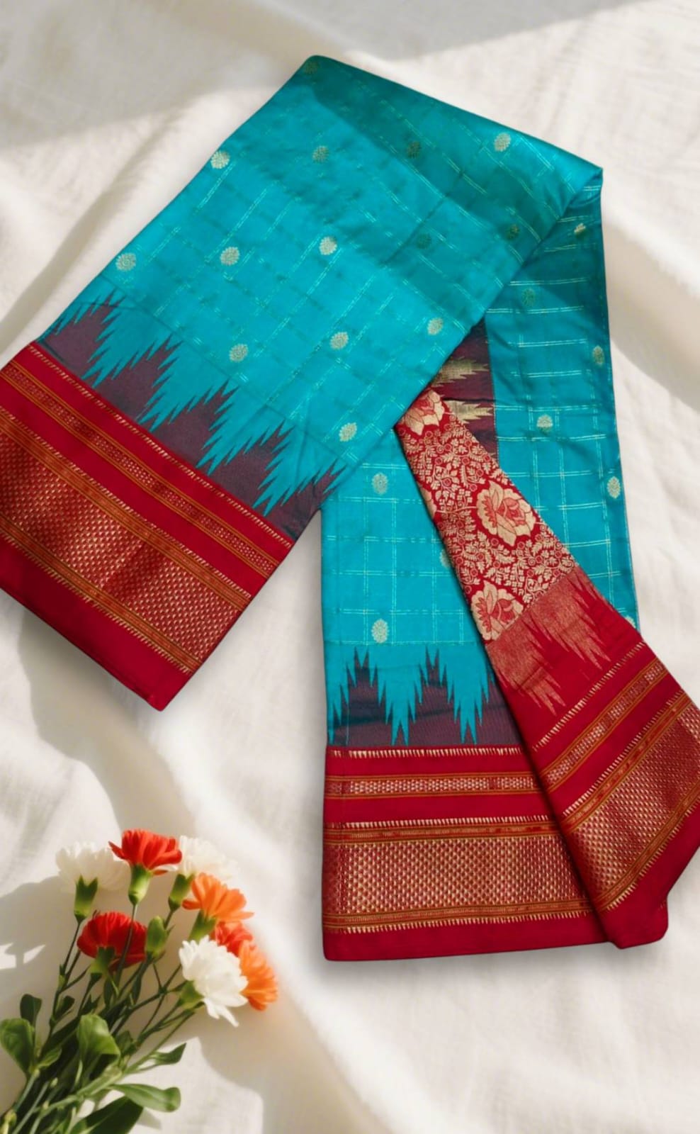 Turkish Blue Gadwal Jari Checks Butta Ilkal Silk Saree with Chikki Paras Border