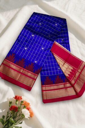 Dark Blue Gadwal Jari Checks Butta Ilkal Silk Saree with Chikki Paras Border