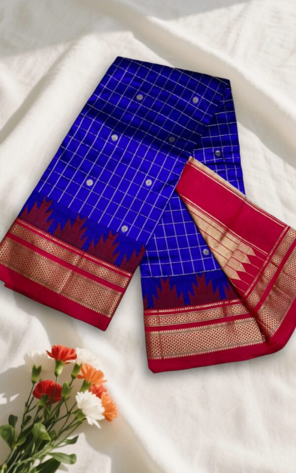 Dark Blue Gadwal Jari Checks Butta Ilkal Silk Saree with Chikki Paras Border