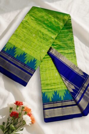 Light Green With Royal Blue border Gadwal Jari Checks Butta Ilkal Silk Saree with Chikki Paras Border
