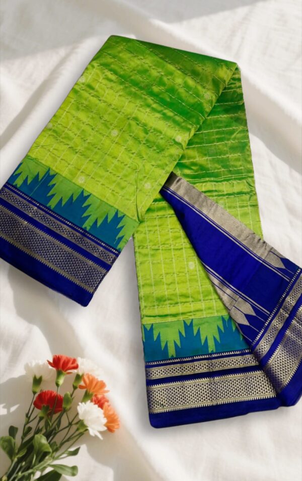 Light Green With Royal Blue border Gadwal Jari Checks Butta Ilkal Silk Saree with Chikki Paras Border