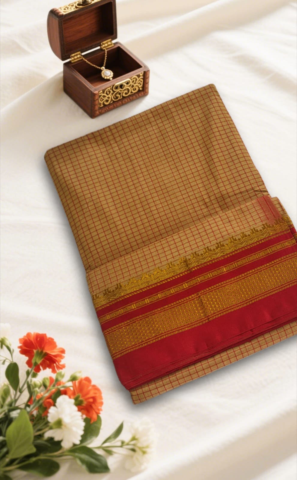 Sandy Brown TanaKaddi Checks chikki paras border Ilkal Saree | ikatra