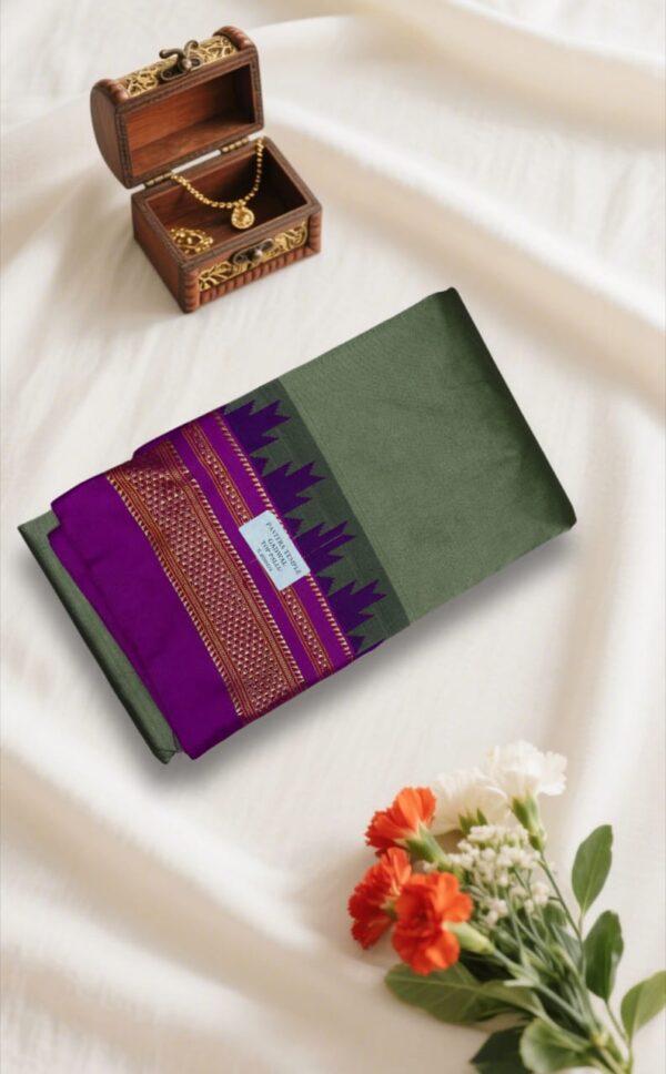 Olive Green Royal Blue Temple Gadwal plain saree Pallu - ilkal pallu
