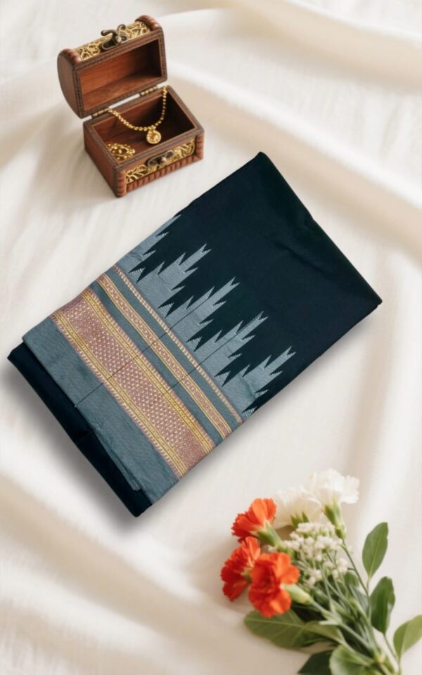 Grey And Black Temple Gadwal plain saree Pallu - ilkal pallu