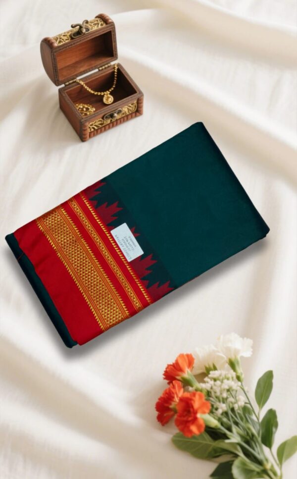 Dark Green Temple Gadwal plain saree Pallu - ilkal pallu