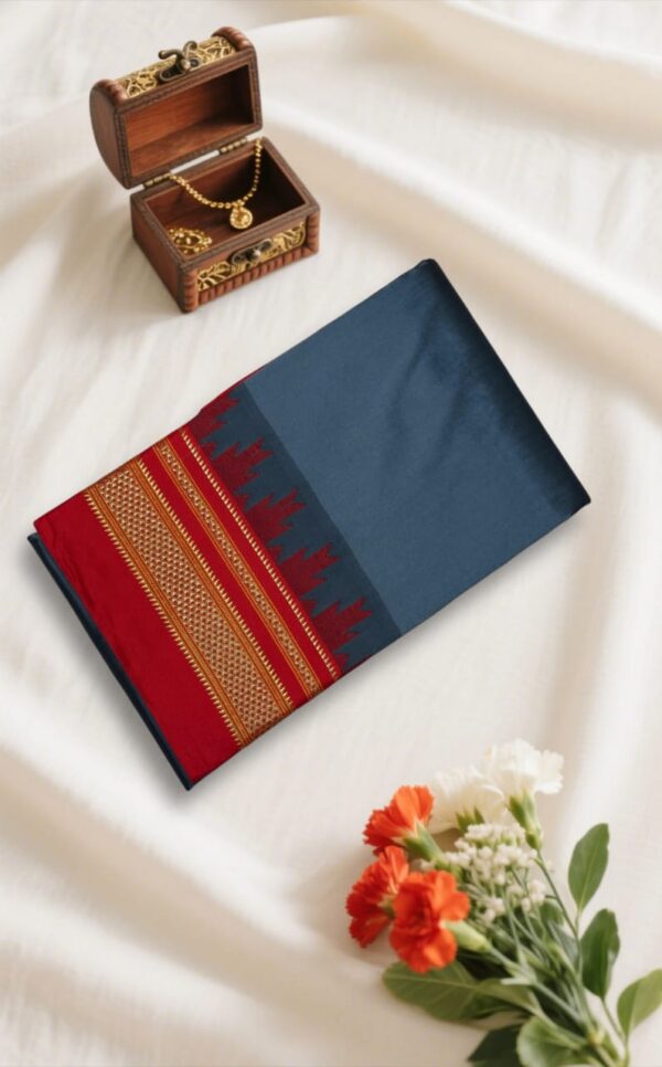 Grey And Red Temple Gadwal plain saree Pallu - ilkal pallu