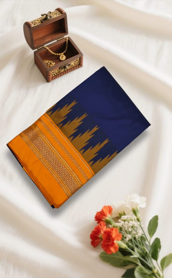 Blue And Orange Temple Gadwal plain saree Pallu - ilkal pallu