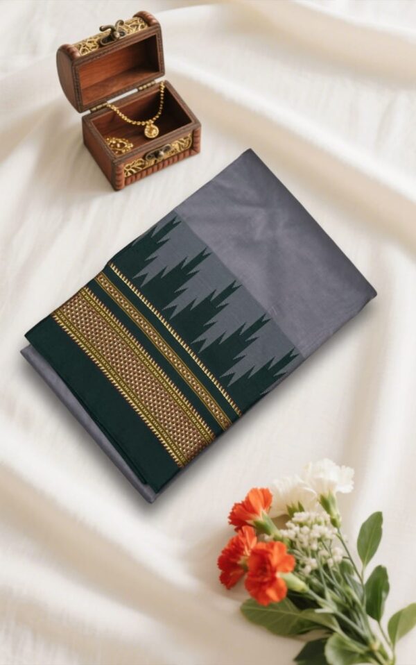 Grey And Black Temple Gadwal plain saree Pallu - ilkal pallu