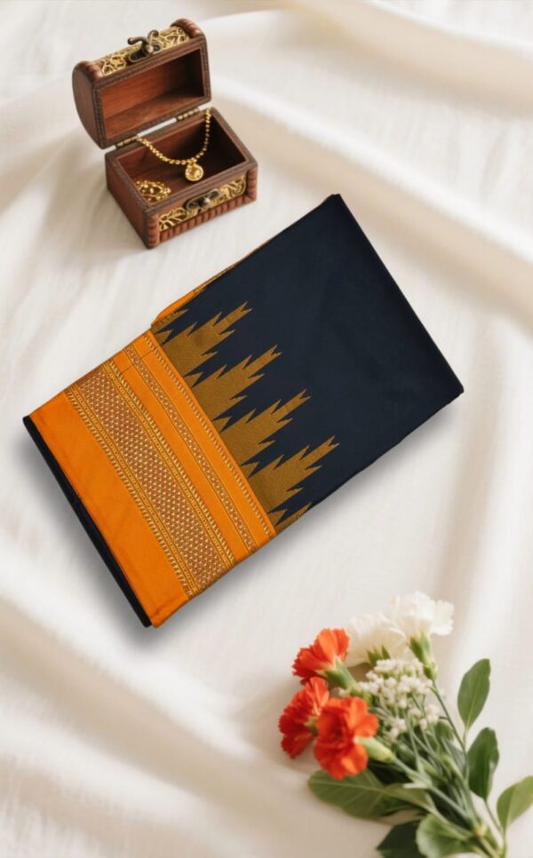 Black And Orange Temple Gadwal plain saree Pallu - ilkal pallu