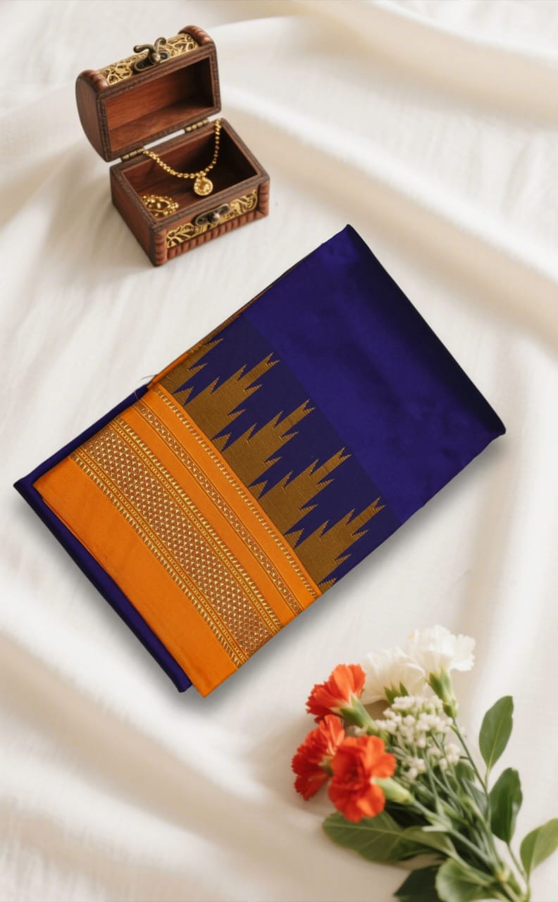 Royal Blue And Orange Temple Gadwal plain saree Pallu - ilkal pallu