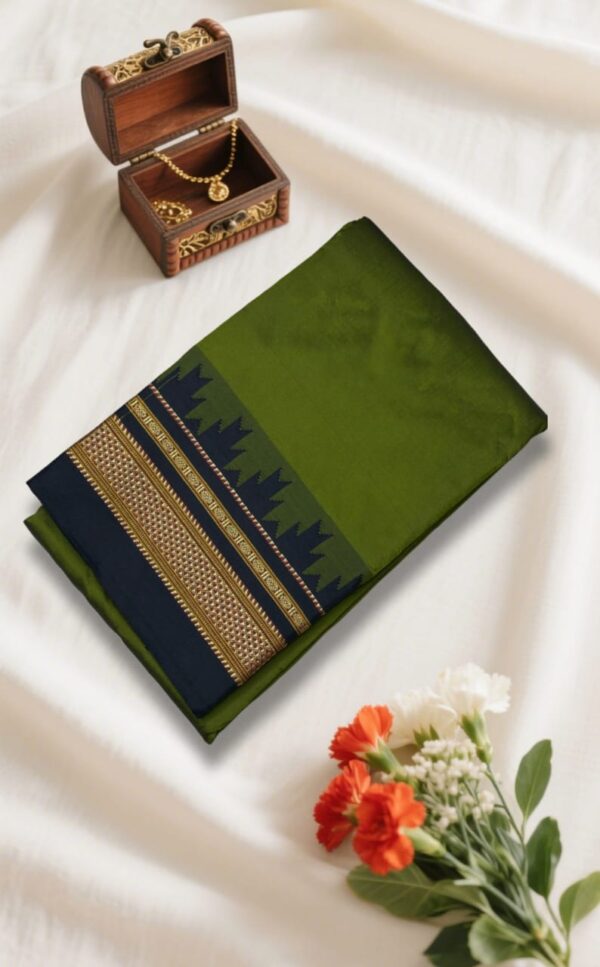 Henna Green Temple Gadwal plain saree Pallu - ilkal pallu