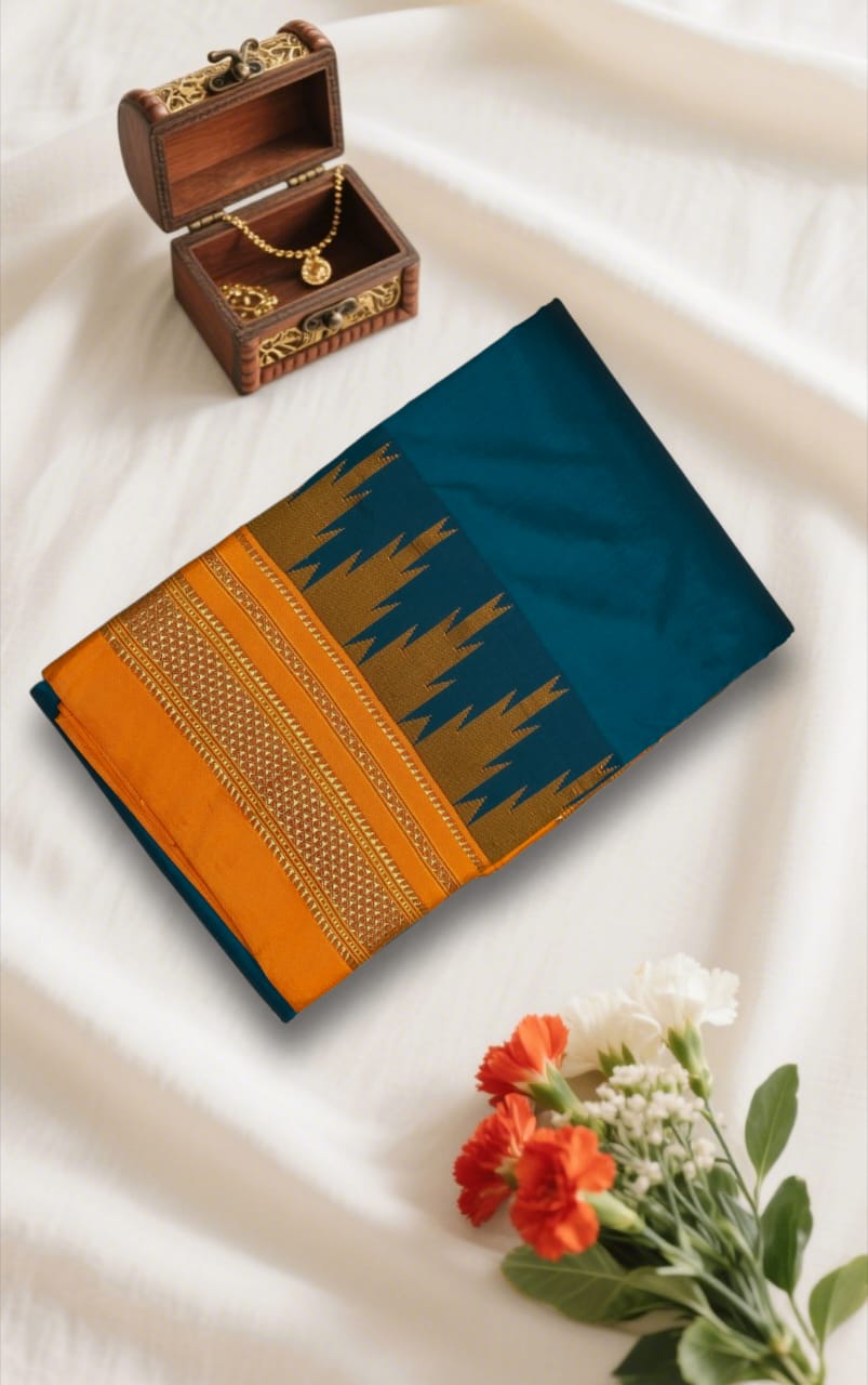 Greenish-blue Temple Gadwal plain saree Pallu - ilkal pallu