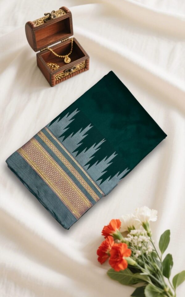 Deep Green Temple Gadwal plain saree Pallu - ilkal pallu