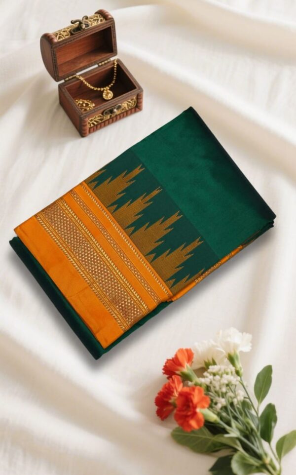 Green And Orange Temple Gadwal plain saree Pallu - ilkal pallu