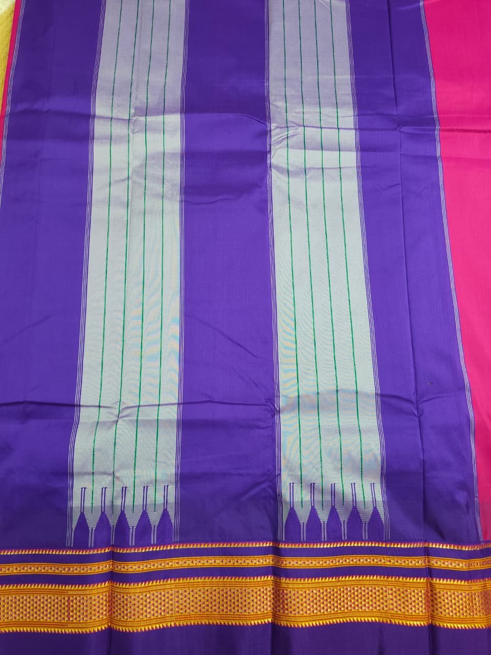 pink And Blue Temple Gadwal plain saree Pallu - ilkal pallu - Image 4