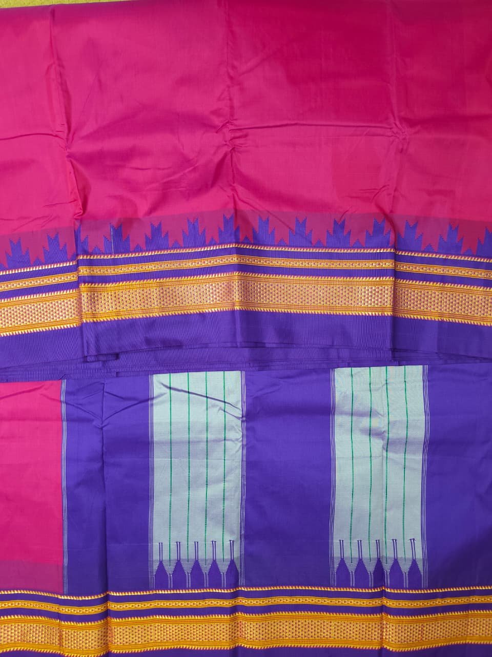 pink And Blue Temple Gadwal plain saree Pallu - ilkal pallu - Image 3