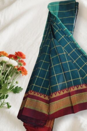 Light Teal Green Ilkal Big Checks Saree with Chikki Paras Border