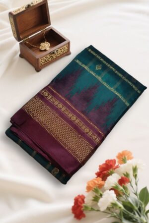 Deep Teal And Maroon Temple Border Zari Checks With Butta Saree