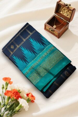 Dark Blue And Teal Temple Border Zari Checks With Butta Saree