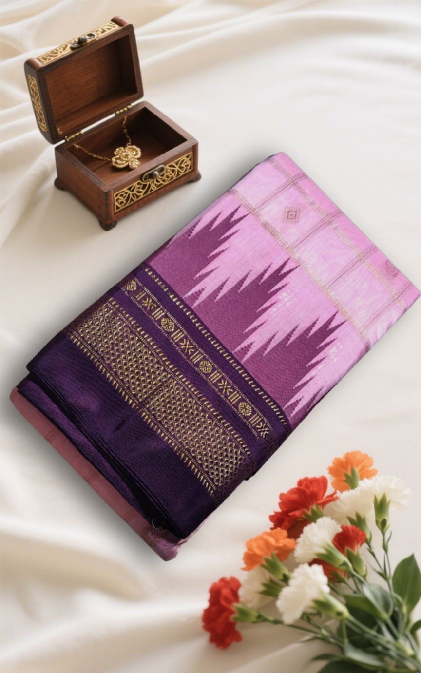Pink MagentaTemple Border Zari Checks With Butta Saree
