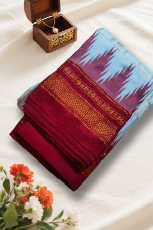 Silver And Maroon Temple Border Zari Checks With Butta Saree