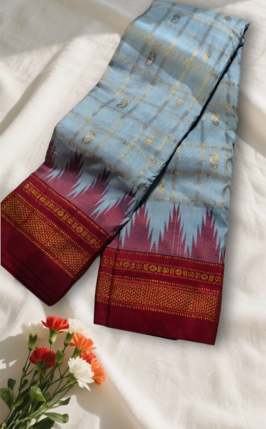 Silver And Maroon Temple Border Zari Checks With Butta Saree