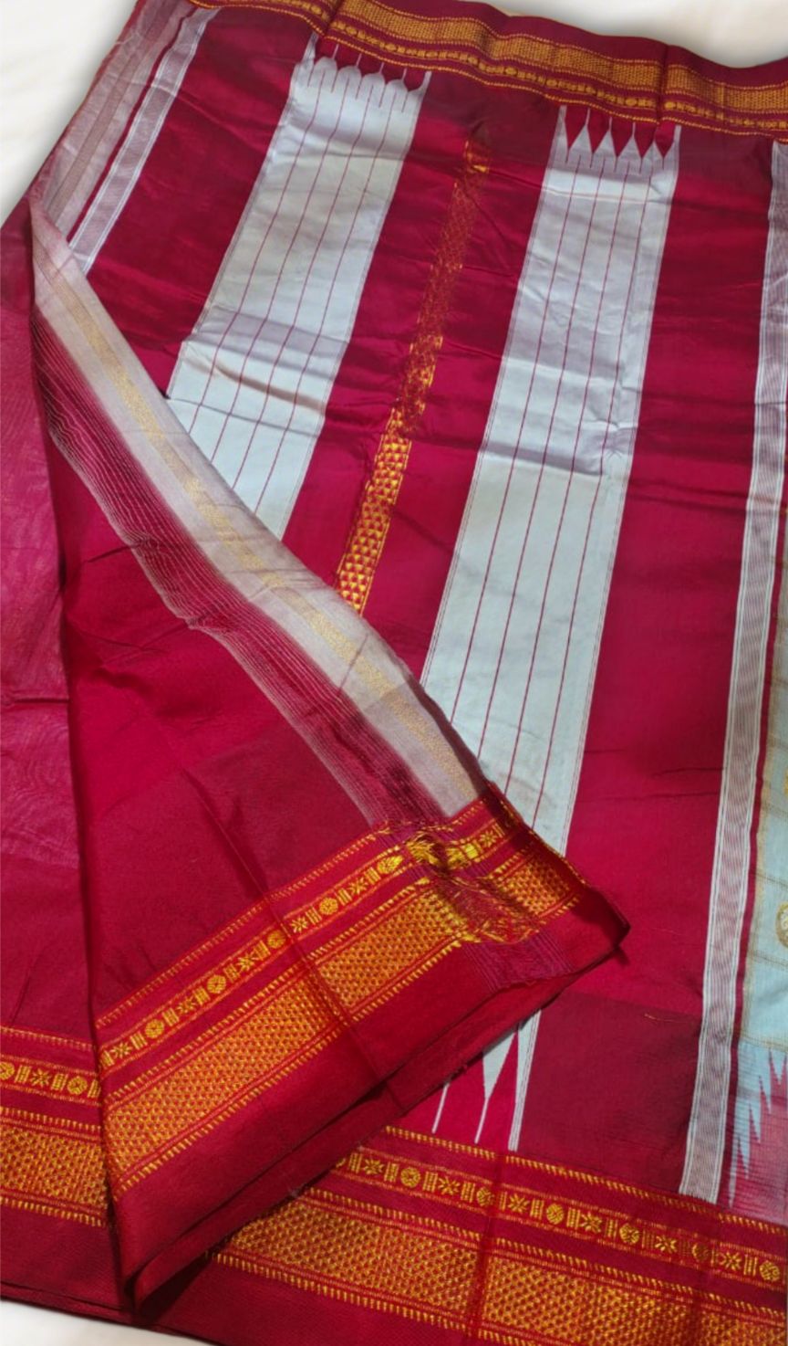 Silver And Maroon Temple Border Zari Checks With Butta Saree